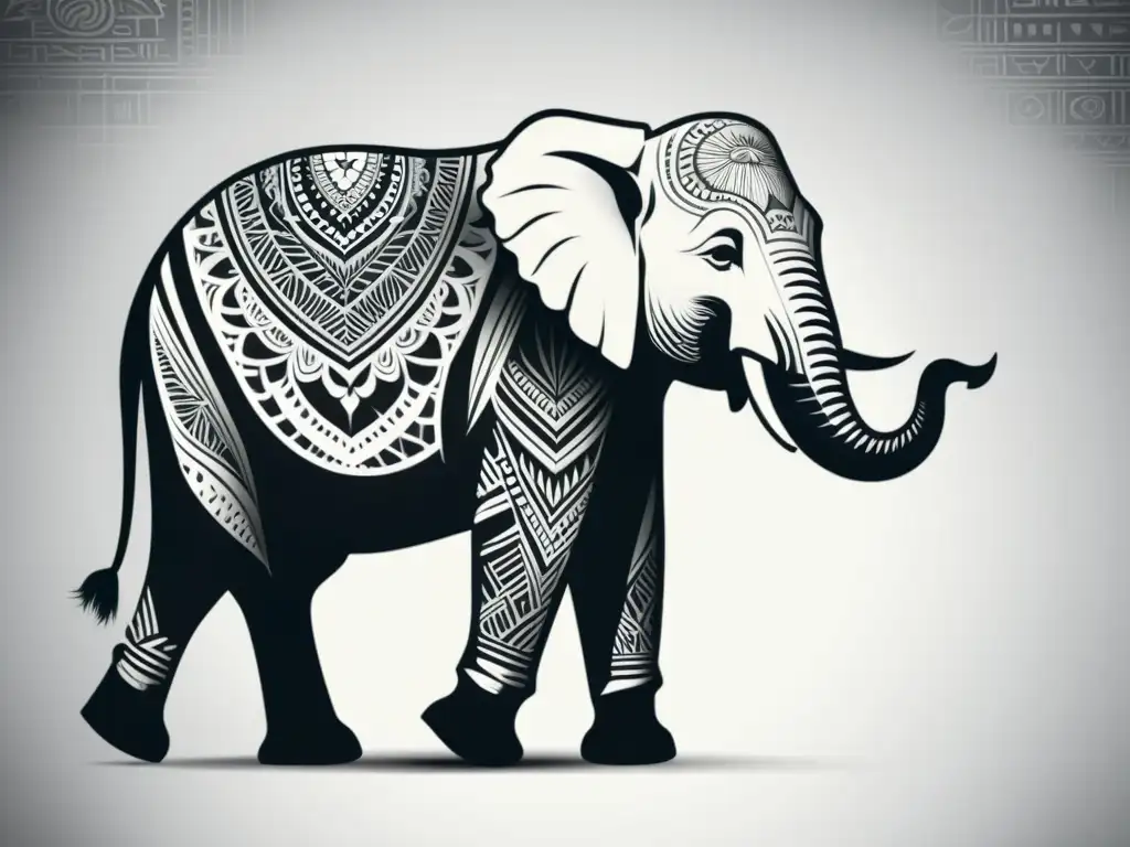 Un majestuoso elefante en blanco y negro simboliza sabiduría y estabilidad en el feng shui, con detalles elegantes y serena armonía