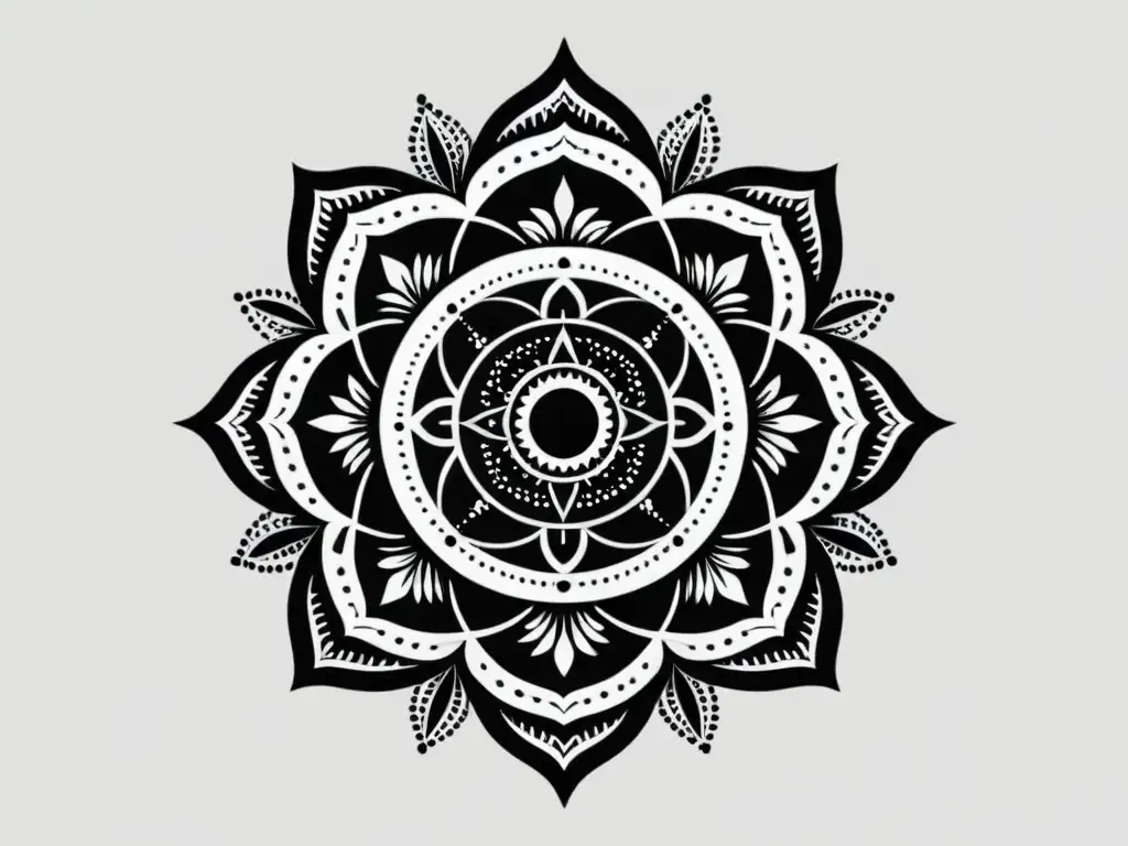 Un mandala minimalista en blanco y negro, con patrones geométricos intrincados y simetría, transmite tranquilidad y equilibrio