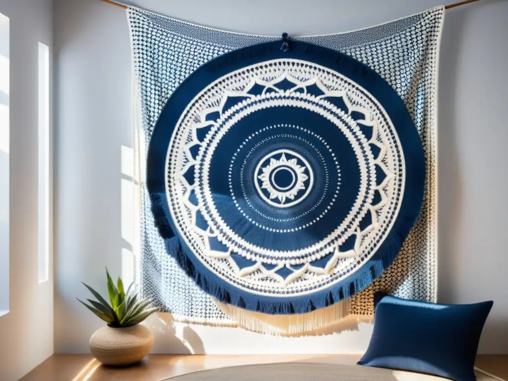 Mandala tejido en tonos índigo y blanco Un mandala tejido en tonos índigo y blanco cuelga en la pared, creando un punto focal hipnótico en un espacio sereno y minimalista