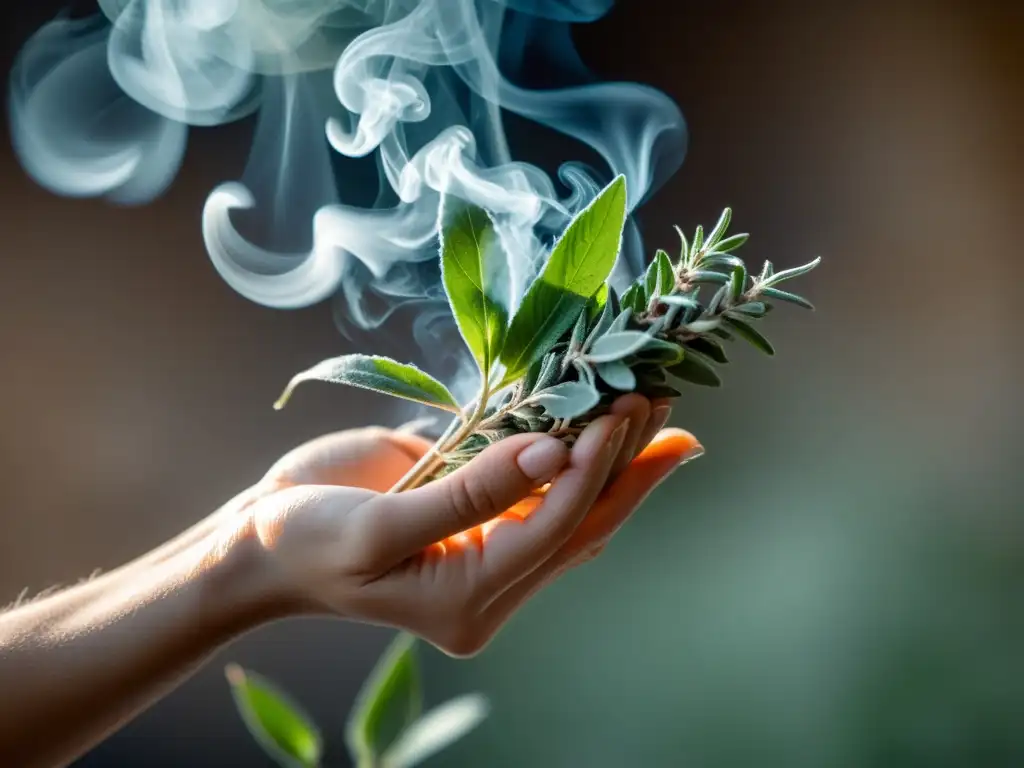 Mano sosteniendo salvia, humo suave y tranquilidad para limpieza energética con sahumar Feng Shui