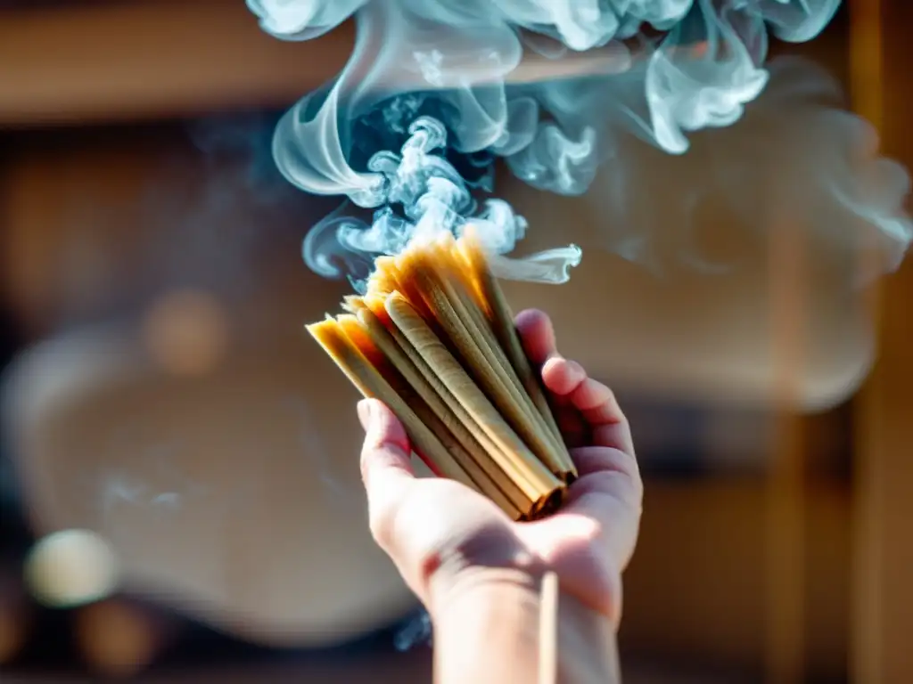 Mano sosteniendo palo santo con humo aromático