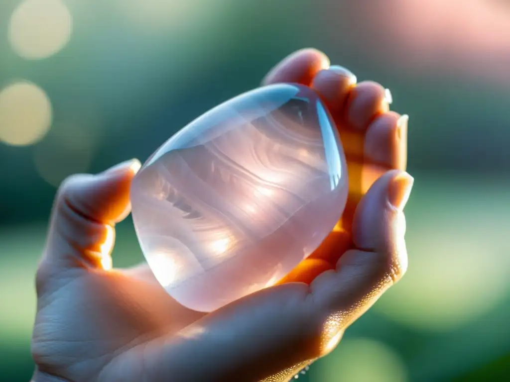 Una mano sostiene un suave cristal de cuarzo rosa, resaltando sus tonos rosados y patrones naturales