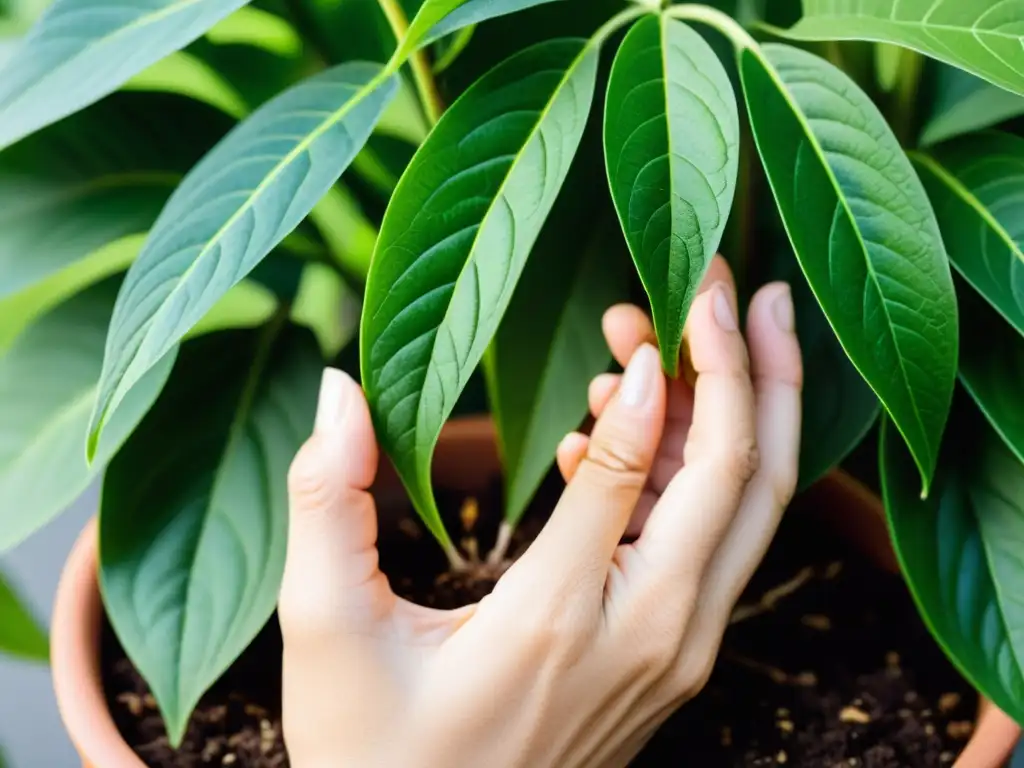 Unas manos cuidadosas podan y miman una exuberante planta en un entorno hogareño tranquilo