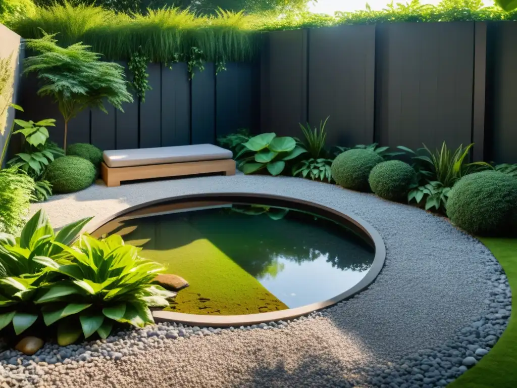 Jardín Feng Shui: Armonía y Serenidad Un jardín Feng Shui de bajo mantenimiento, con rocas, un estanque y plantas verdes, transmite serenidad y armonía