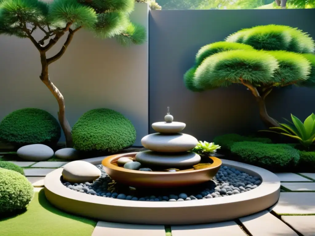 Jardín Feng Shui armonioso y sereno Un jardín Feng Shui de bajo mantenimiento con rocas, fuente y bonsáis, rodeado de vegetación exuberante, emitiendo armonía y equilibrio