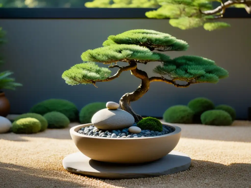 Jardín Feng Shui sereno y minimalista con bonsái Un jardín Feng Shui bajo mantenimiento con rocas, fuente burbujeante y un elegante árbol bonsái, irradiando armonía y tranquilidad