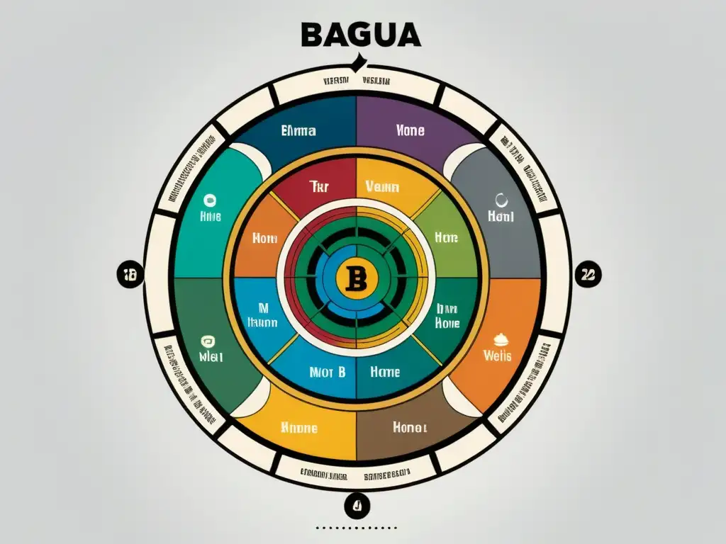 Un mapa Bagua de colores vibrantes y detalles intrincados, simbolizando la armonía y el equilibrio en el hogar