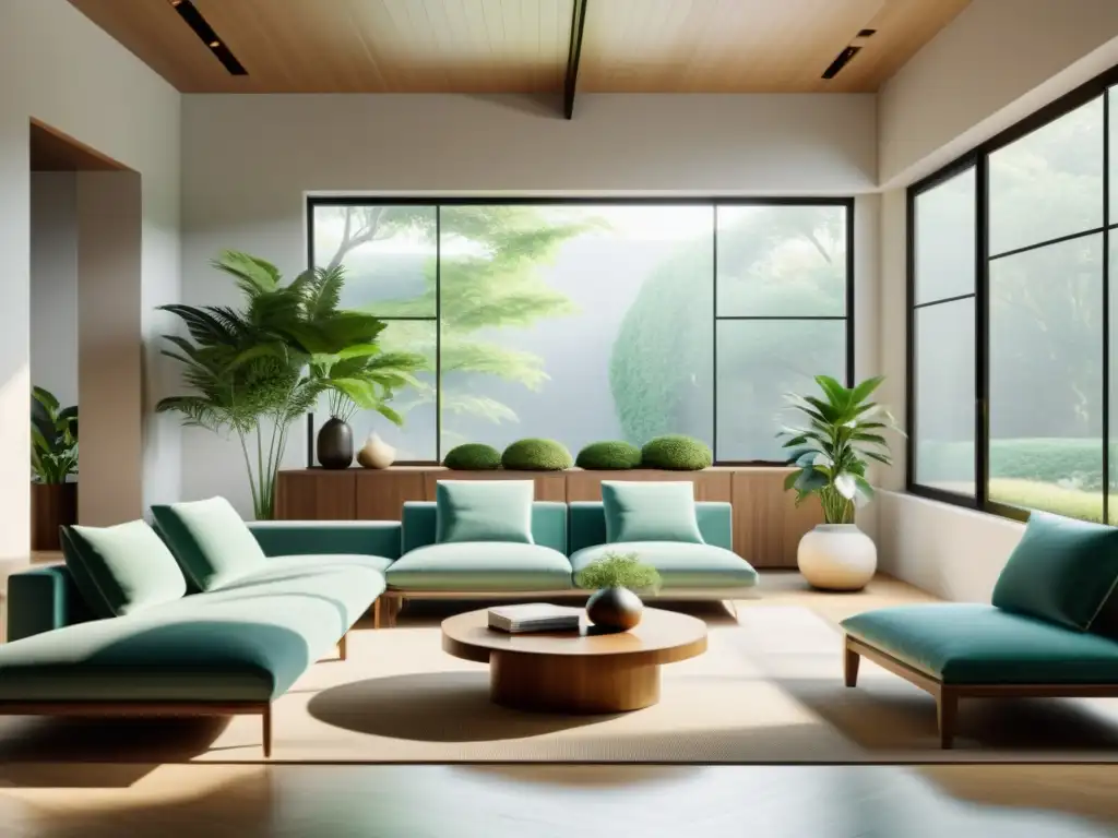 Espacio minimalista en sala con luz natural y feng shui Mapa energético hogar feng shui: Espacio minimalista con luz natural, plantas y equilibrio de color, siguiendo principios de armonía y energía