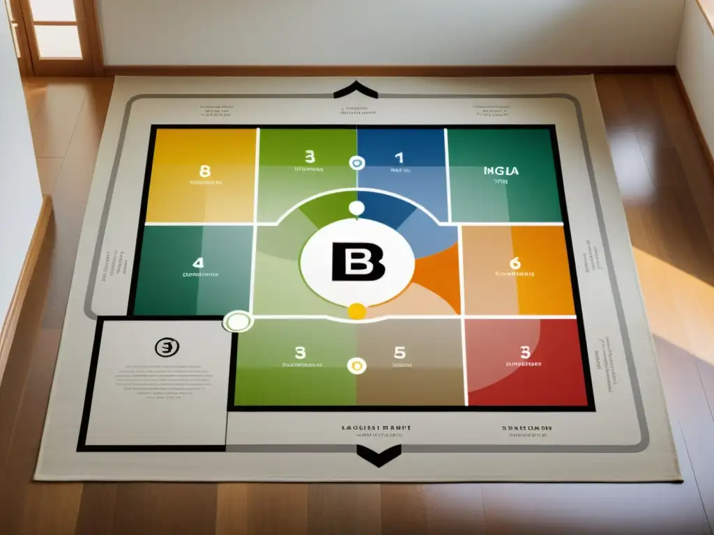 Mapa Bagua en Plano: Armonía Energética en Casa Un mapa energético del hogar Feng Shui superpuesto en un plano, con colores calmados para armonía