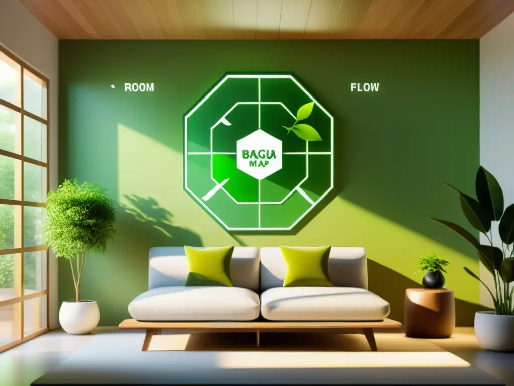 Mapa Bagua para energías positivas en una habitación soleada, armoniosa y serena con mobiliario moderno y plantas vibrantes