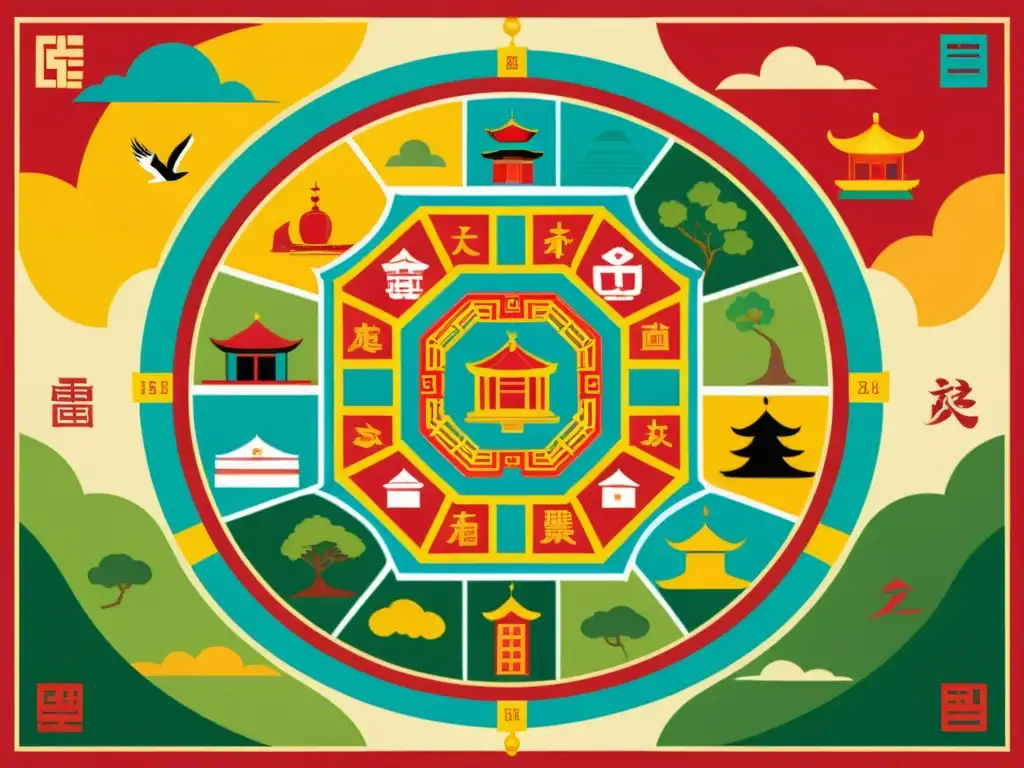 Mapa Bagua para energías positivas: Intrincado diseño con colores vibrantes y símbolos chinos tradicionales, creando armonía visual