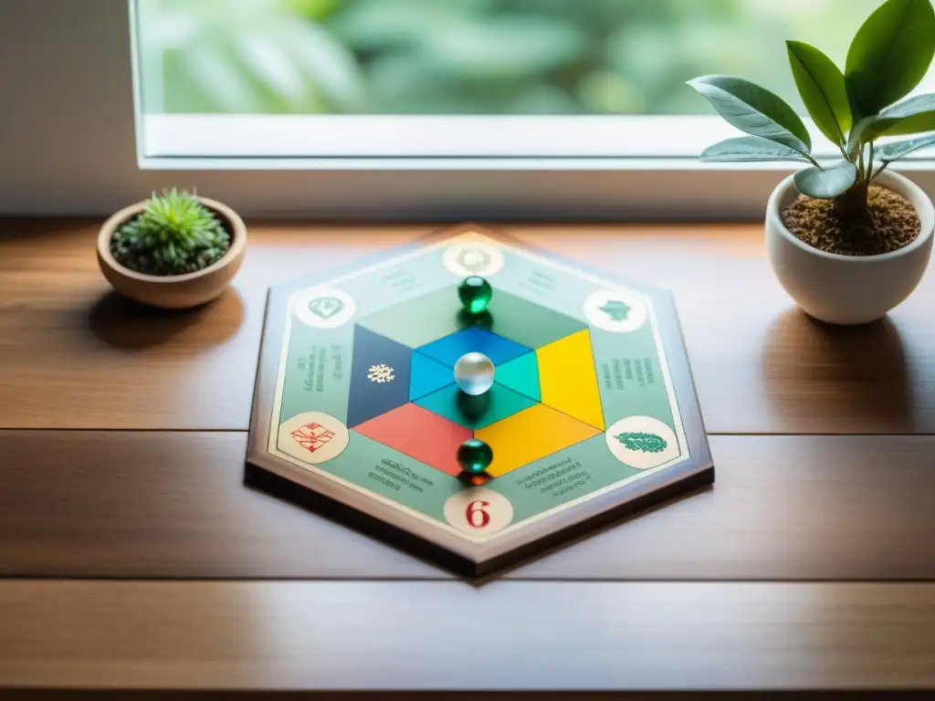 Un mapa Bagua para armonización del hogar, con diseño geométrico vibrante y colores calmantes, sobre una mesa de madera con elementos decorativos