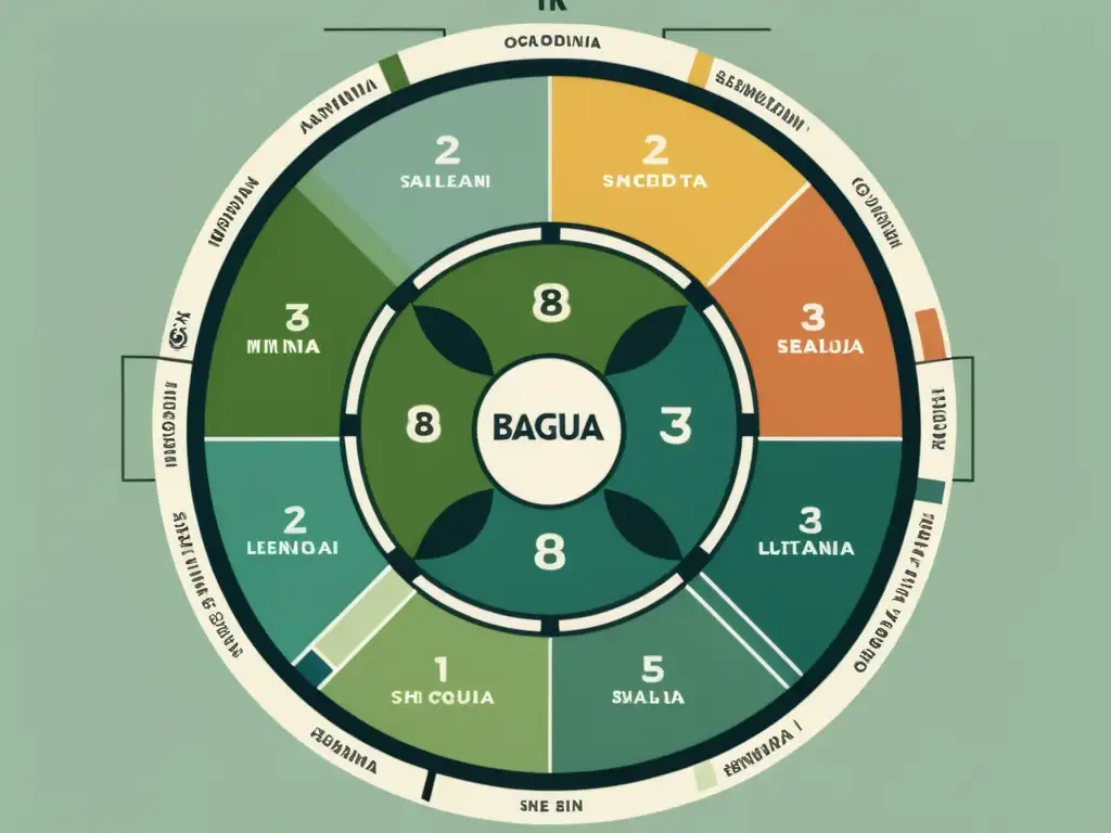 Mapa Bagua para armonización hogar: Imagen 8k detallada de un hogar con el Bagua superpuesto, creando un ambiente de armonía y equilibrio