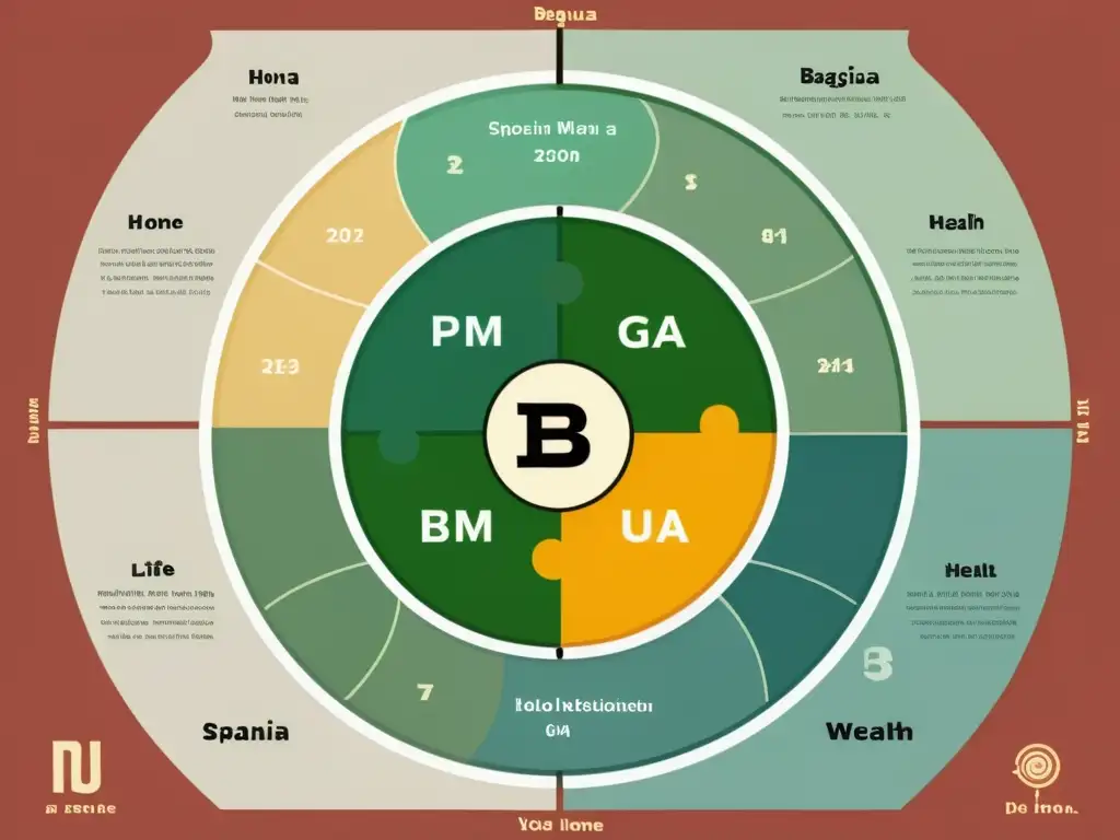 Un mapa Bagua para armonización del hogar, limpio y moderno, con secciones codificadas por colores