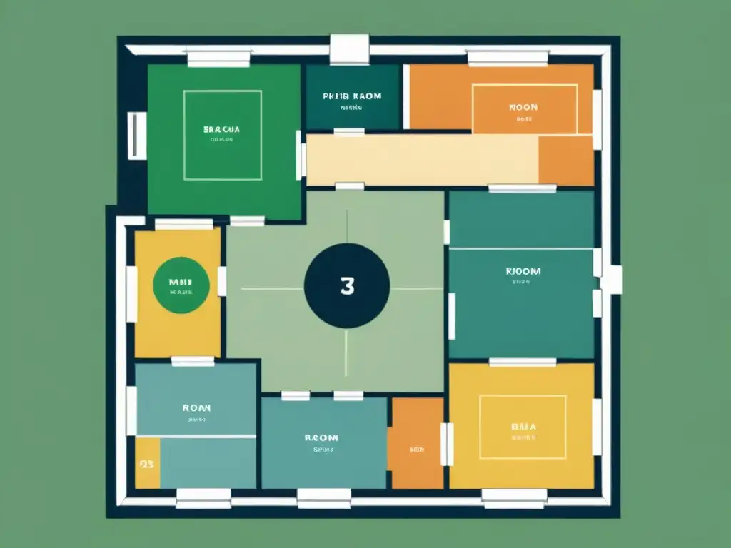 Un mapa Bagua para armonizar hogar, con líneas limpias y símbolos precisos, superpuesto en un plano de casa en tonos suaves y relajantes