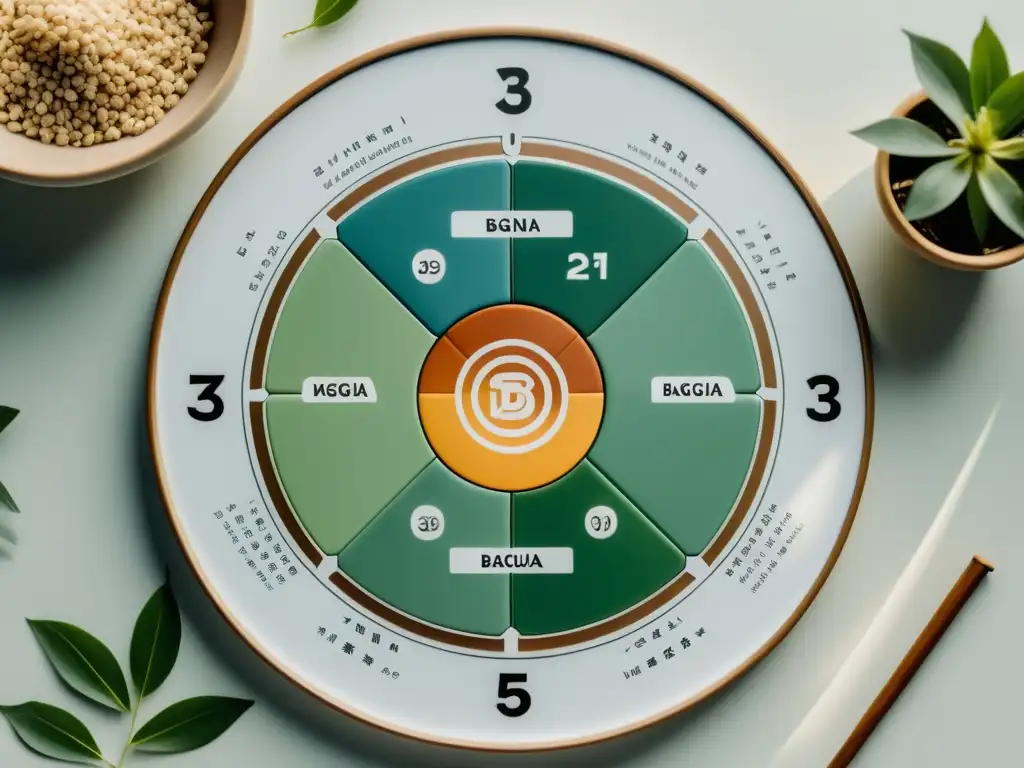 Un mapa Bagua para armonizar hogar reposa sobre una mesa blanca, proyectando equilibrio y armonía