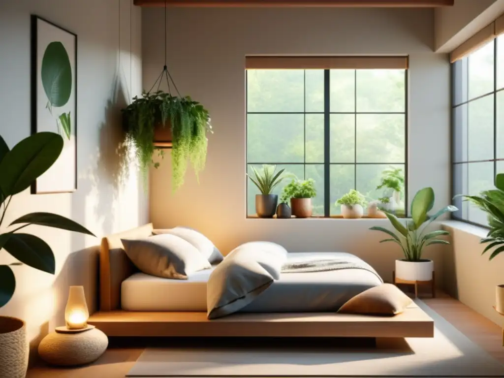 Diseño Feng Shui cama mascota en dormitorio minimalista con tonos suaves y armonía natural