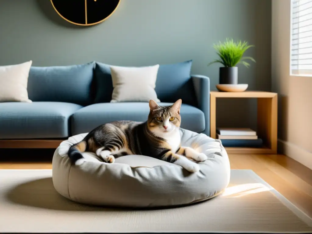 Feng Shui para mascotas en casa: Imagen de un salón sereno y minimalista con una cama acogedora para mascotas en equilibrio armonioso