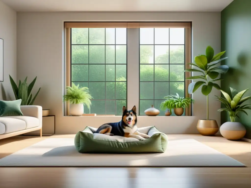 Feng Shui para mascotas en casa: Sala de estar serena con luz natural, cama para mascotas minimalista y fuente de agua