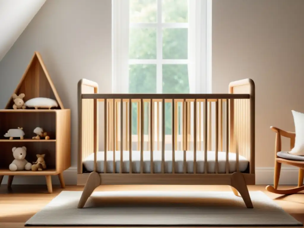 Materiales conscientes para habitación infantil: cuna de madera, juguetes y ropa de cama orgánica en un espacio luminoso y sereno