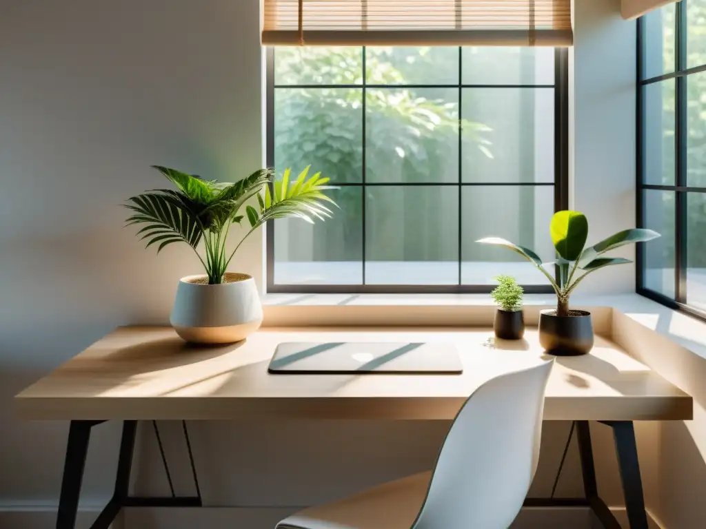 Mejoras despacho con feng shui: escritorio minimalista con plantas y armonía natural