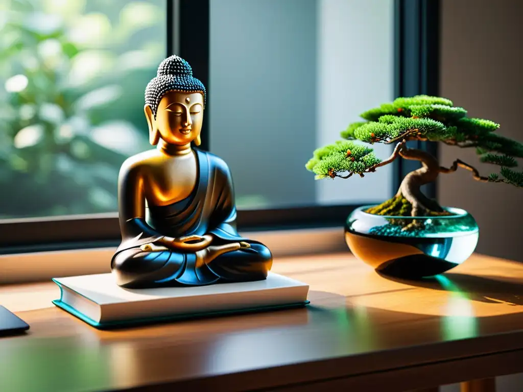 Mejoras despacho feng shui armonización: Escritorio minimalista con elementos Feng Shui y ambiente sereno