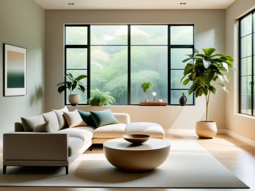 Feng Shui para armonizar la mente: Sala minimalista y serena, con luz natural y muebles bien distribuidos, promoviendo tranquilidad y equilibrio