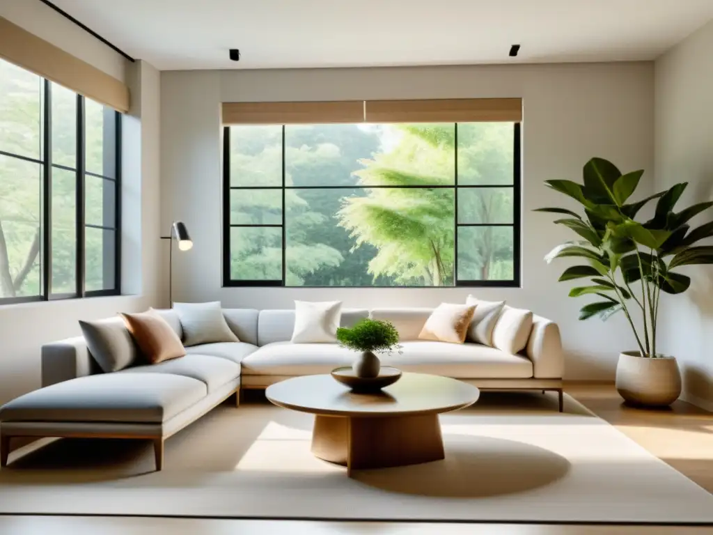 Feng Shui para armonizar la mente en un salón minimalista con luz natural y mobiliario cuidadosamente dispuesto en colores neutros