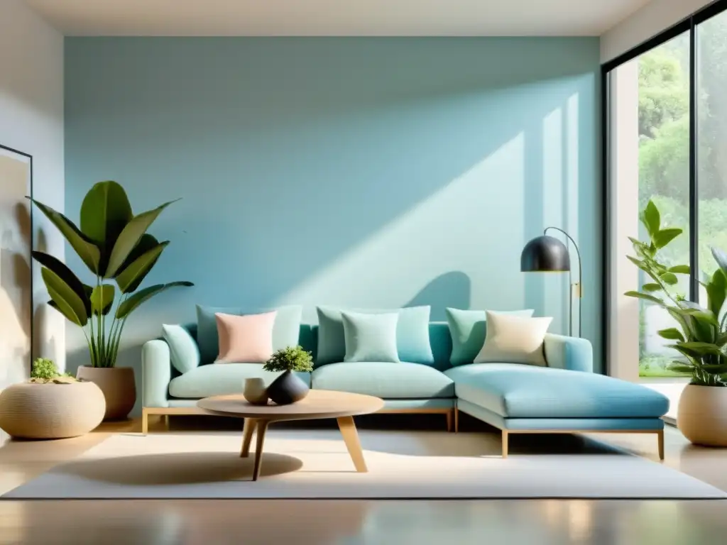 Feng Shui para armonizar la mente en un salón sereno y minimalista con colores suaves, luz natural y plantas