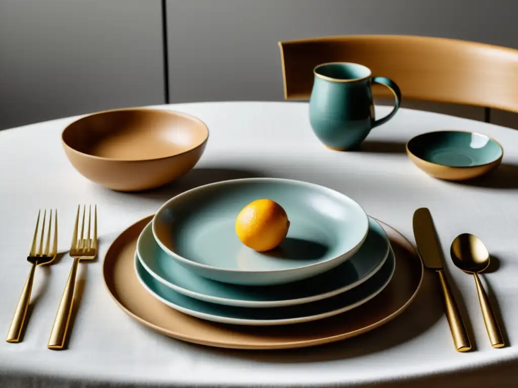 Una mesa de comedor minimalista con platos, cubiertos y elementos decorativos siguiendo principios de Feng Shui