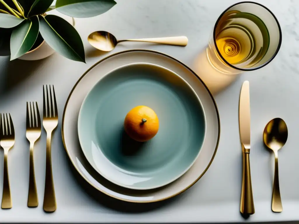 Una mesa de comedor minimalista con presentación de platos siguiendo Feng Shui, bañada en luz natural suave