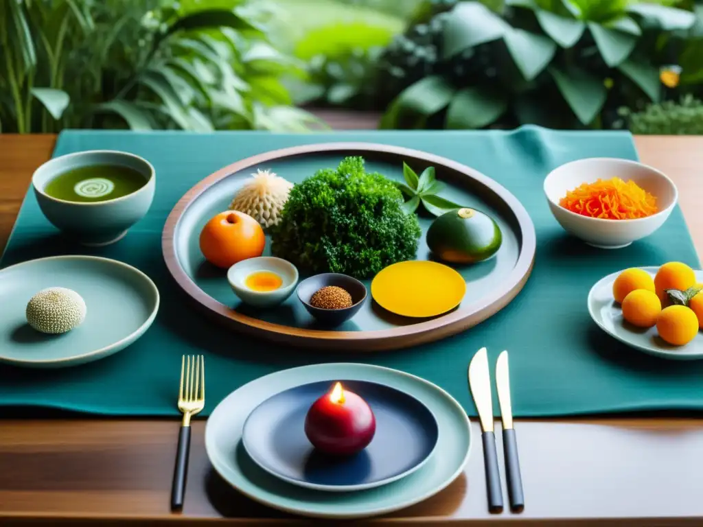 Una mesa de comedor minimalista y serena, armonizada con principios de Feng Shui y alimentos vibrantes, creando una atmósfera de paz y tranquilidad