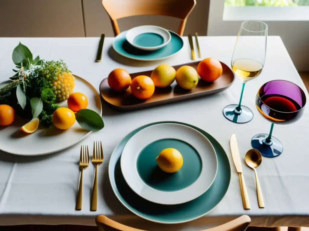 Una mesa de comedor serena y minimalista, arreglada con platos de comida vibrante y rodeada de una decoración elegante y equilibrada