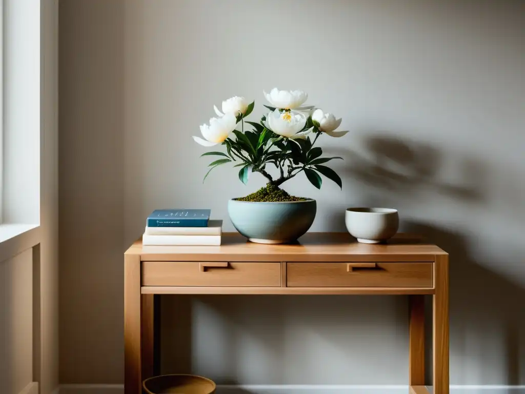 Decoración recibidor Feng Shui: Mesa de madera, bonsái, libros y peonía crean un ambiente sereno y minimalista