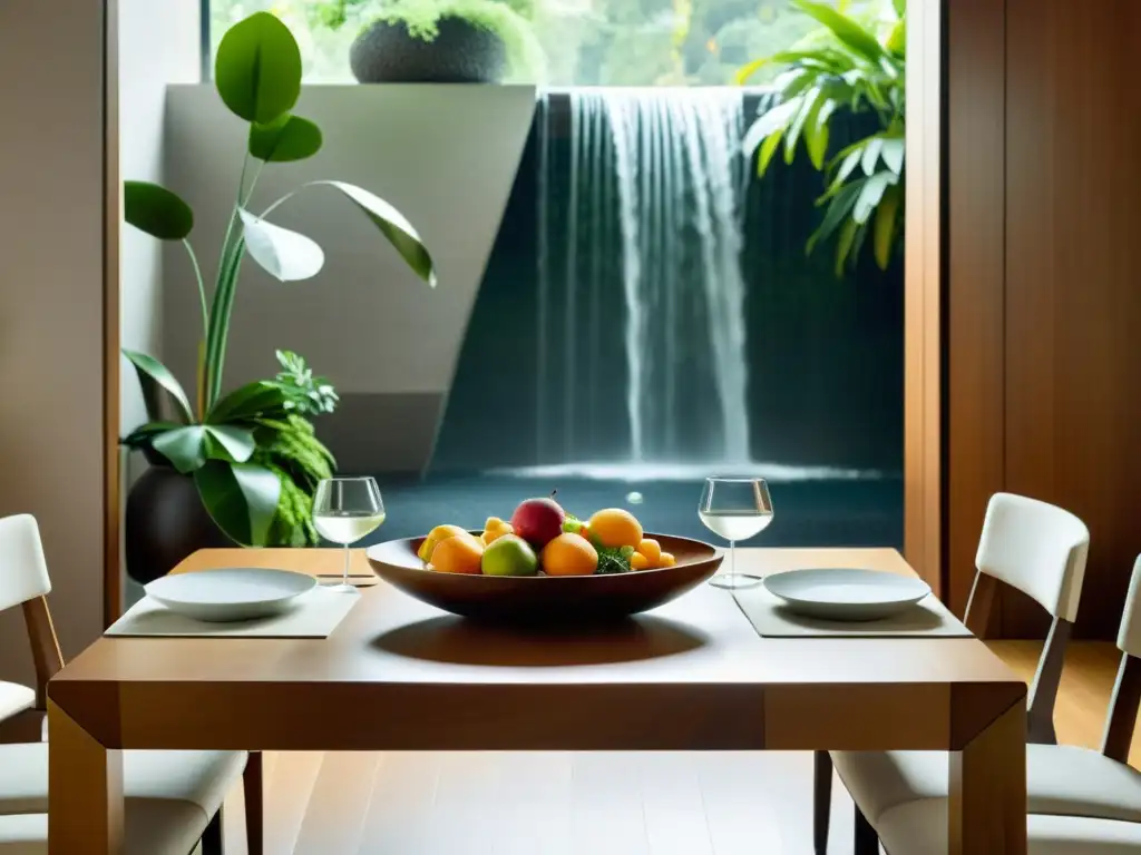 Selección mesa abundancia Feng Shui: Mesa de madera minimalista con frutas, flores y fuente, bañada en suave luz natural