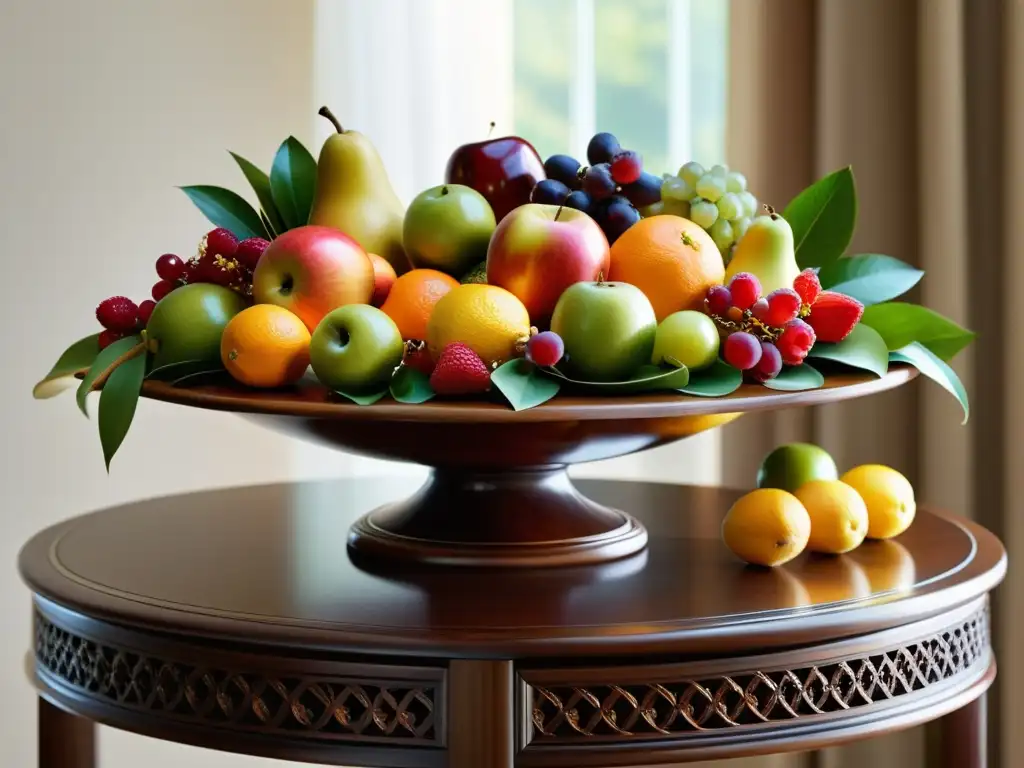 Selección mesa abundancia Feng Shui: Mesa de madera tallada con frutas frescas y flores en armonía, bañada por luz cálida