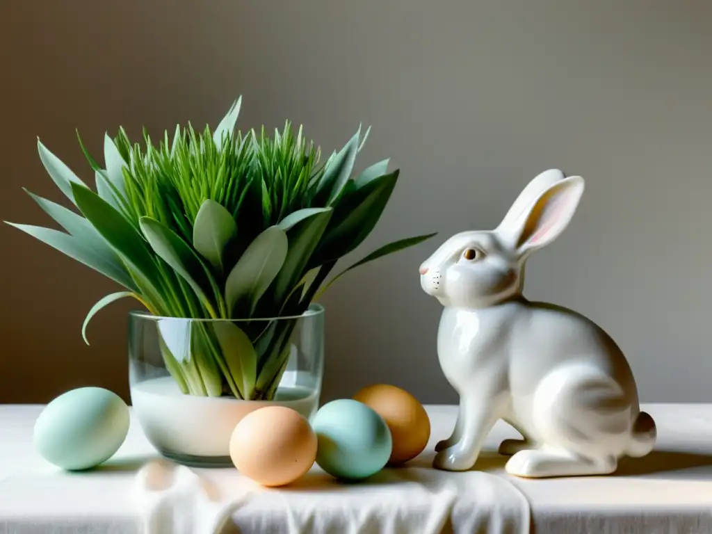 Decoración Feng Shui para Pascua: Centro de mesa minimalista con conejito de porcelana, ramitas verdes y huevos de colores pastel sobre mantel blanco