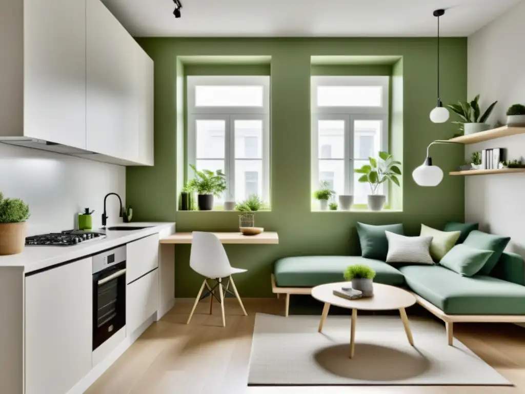 Un mini apartamento con diseño Feng Shui, muebles funcionales y ambiente sereno en tonos neutros, realzado por plantas verdes