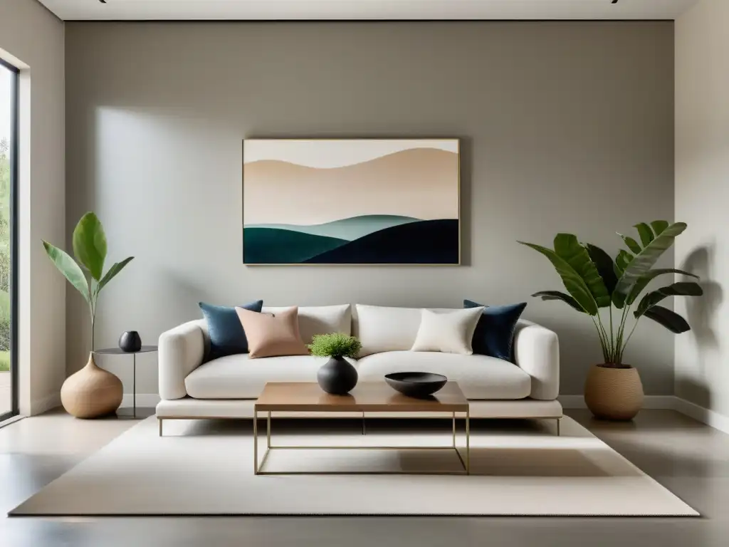 Feng Shui y minimalismo en hogar: Sala de estar minimalista con tonos neutros, muebles de líneas limpias y arte abstracto en la pared