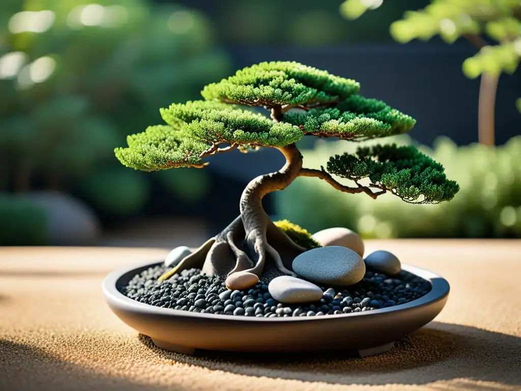 Un jardín Zen minimalista con un árbol bonsái en equilibrio, perfectamente podado