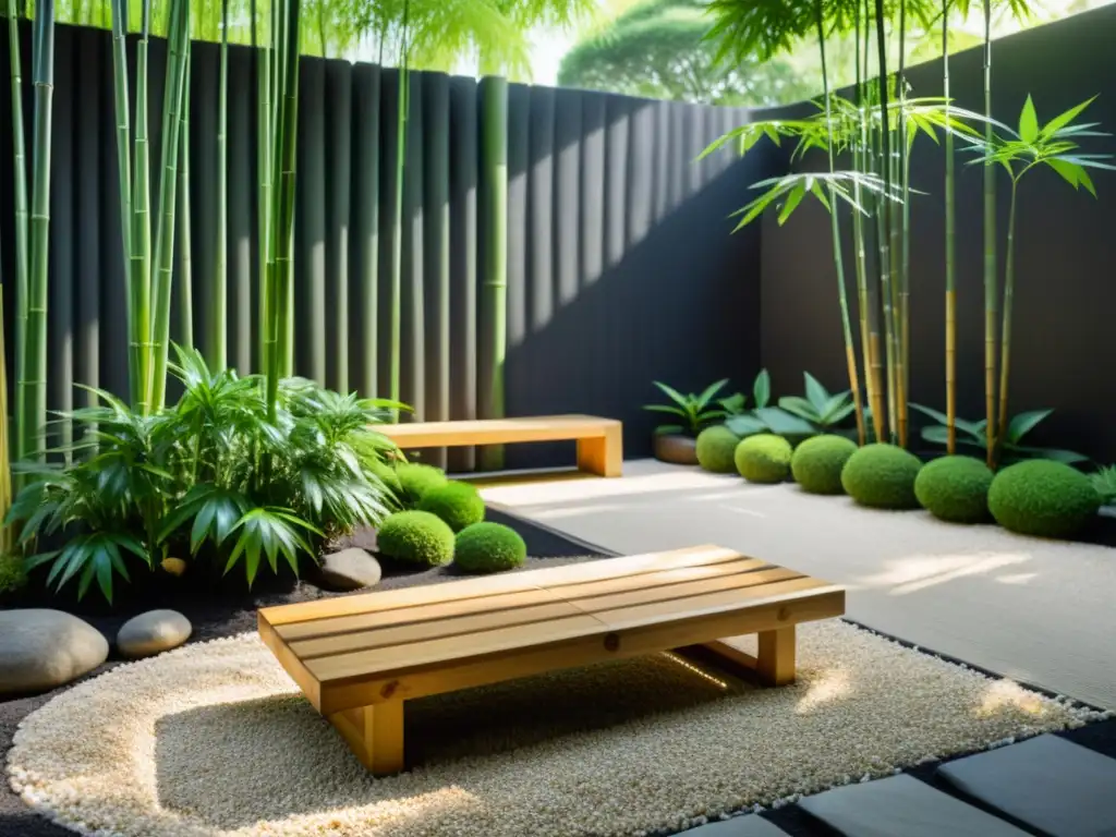 Un jardín zen minimalista y armonioso, con gravilla cuidadosamente rastrillada, rocas estratégicamente colocadas y un banco de madera rodeado de bambú verde exuberante