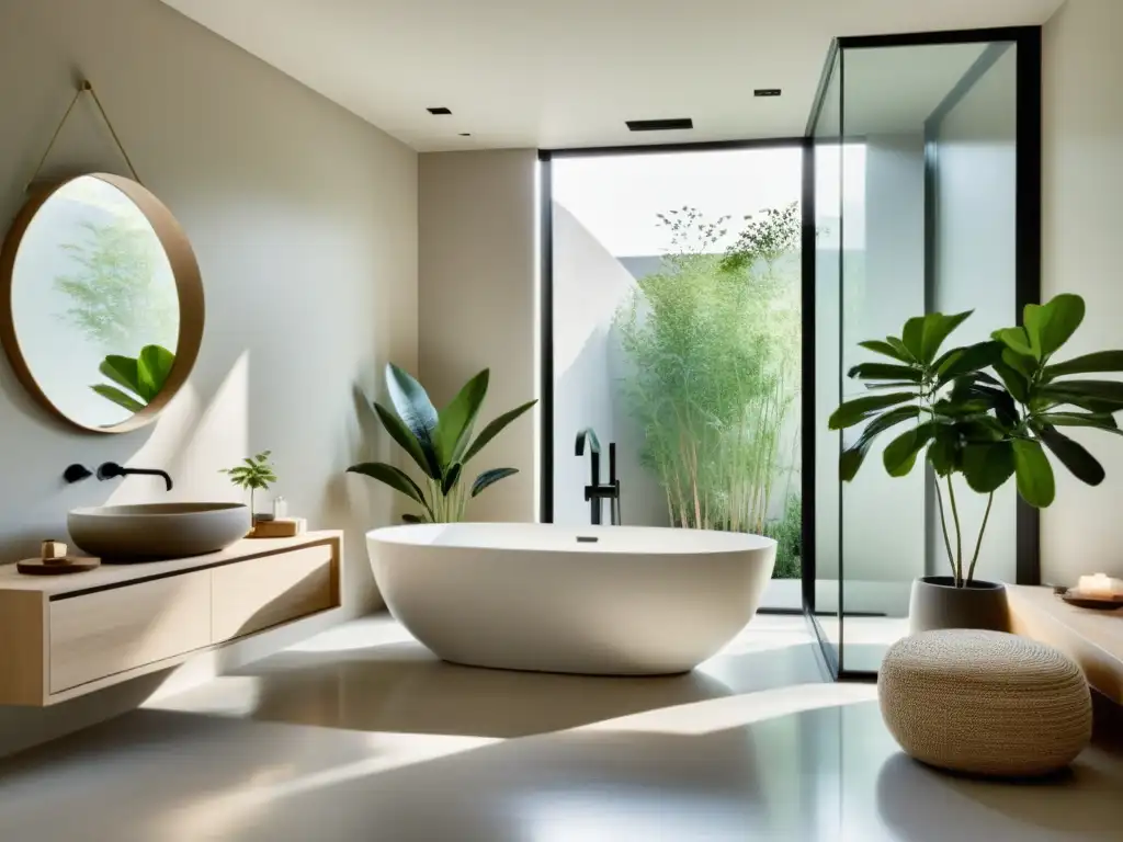 Diseño Feng Shui para baños: Baño minimalista con bañera independiente, arte natural y toques de verdor, creando un oasis de armonía y tranquilidad