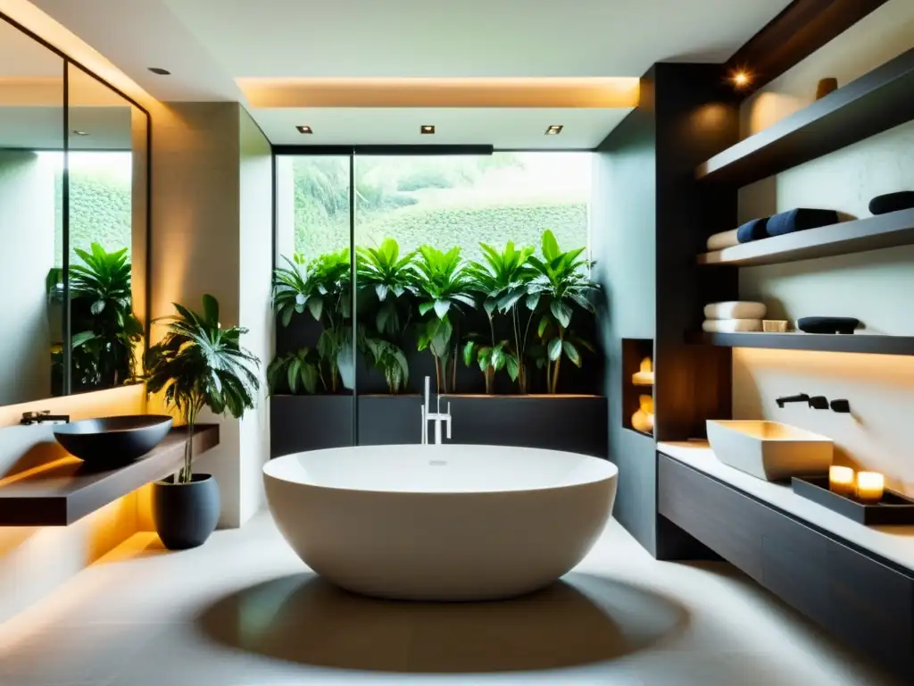 Diseño Feng Shui para baños: baño minimalista con bañera independiente, estanterías de madera oscura y plantas