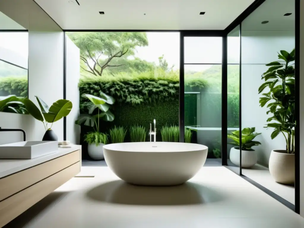 Diseño Feng Shui para baños: Baño minimalista con bañera independiente y ventana panorámica que inunda el espacio con luz natural y armonía