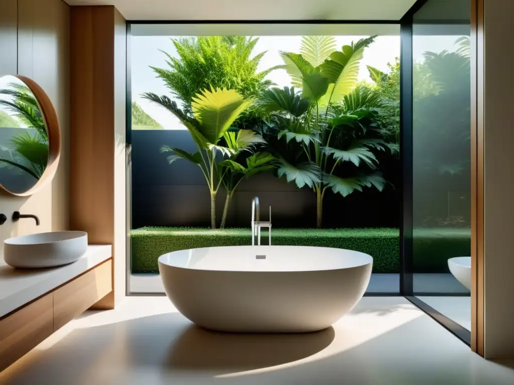 Diseño Feng Shui para baños: Baño minimalista con bañera moderna, luz natural y toques de naturaleza