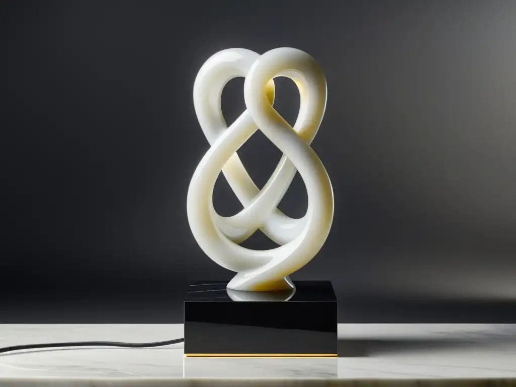 Escultura Feng Shui amor hogar: Escultura minimalista de mármol blanco entrelazado con iluminación suave, simbolizando amor y armonía