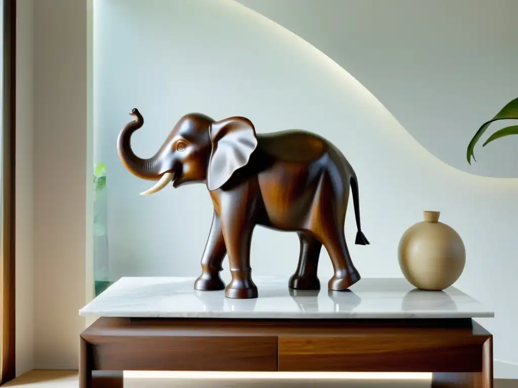 Escultura elefante feng shui hogar: sala minimalista con diseño moderno, luz suave y escultura de elefante en mármol blanco