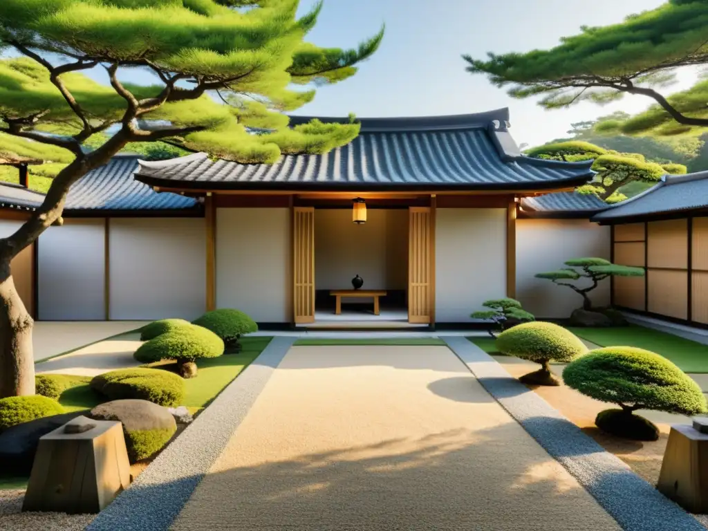 Un jardín japonés minimalista con diseño de paisajismo y arquitectura de madera, integración del Feng Shui en arquitectura