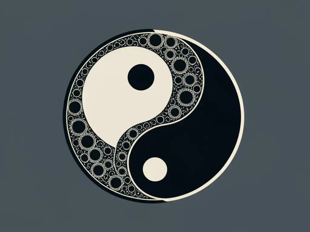 El Yin Yang en ilustración minimalista muestra equilibrio y armonía con detalles intrincados y colores contrastantes