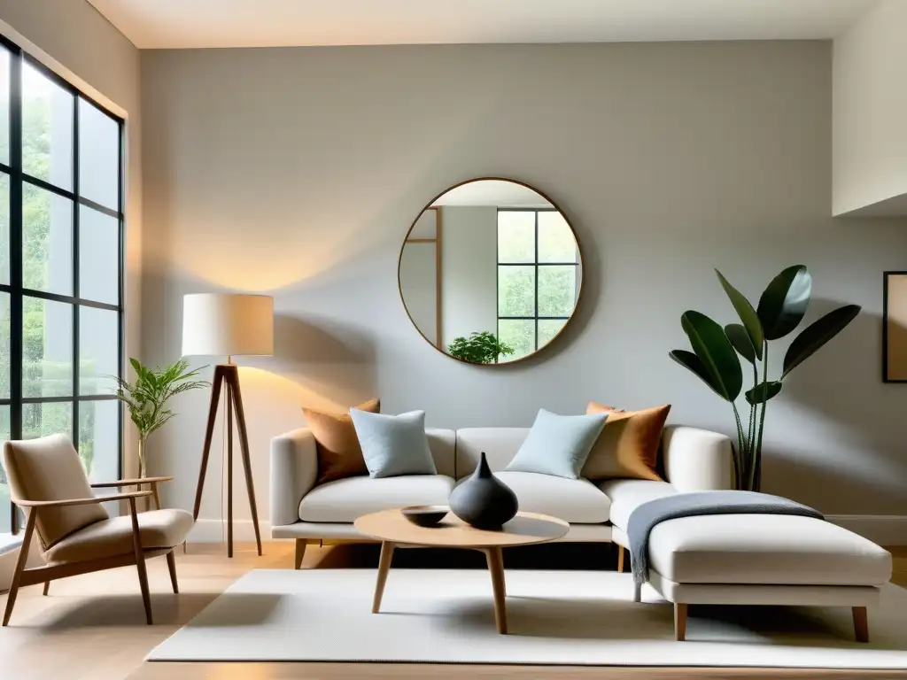 Transformación habitacional con Feng Shui: Sala minimalista con equilibrio, armonía y tranquilidad, iluminada por luz natural